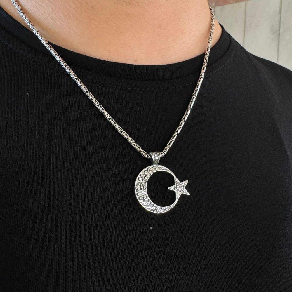 925 Ayar Gümüş 2 mm Kral Zincirli Kelime-i Tevhid İşlemeli Dualı Erkek Kolye - 3