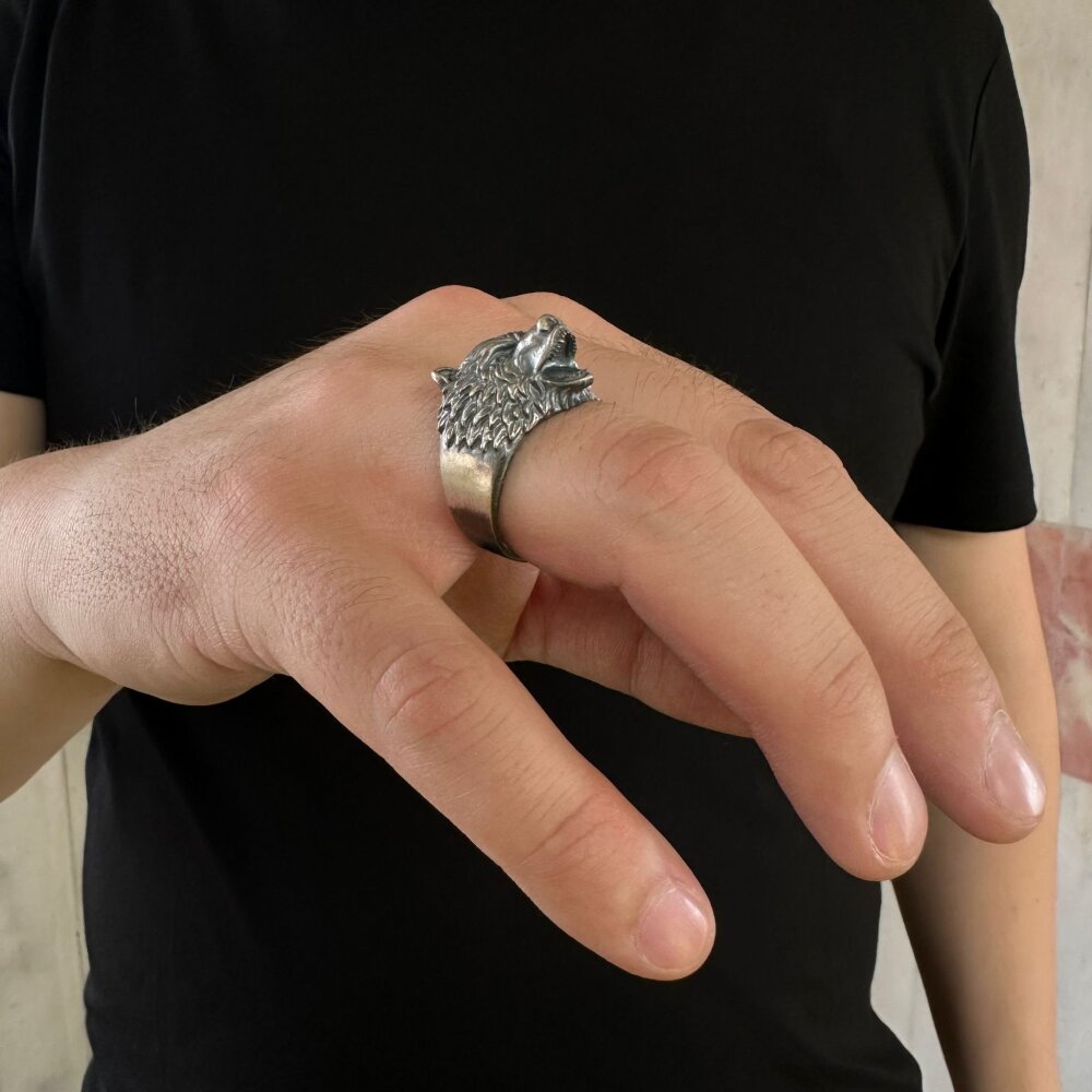 925 Ayar Gümüş 3D Kurt Motifli Eskitme Model Usta İşi Erkek Yüzük - 3