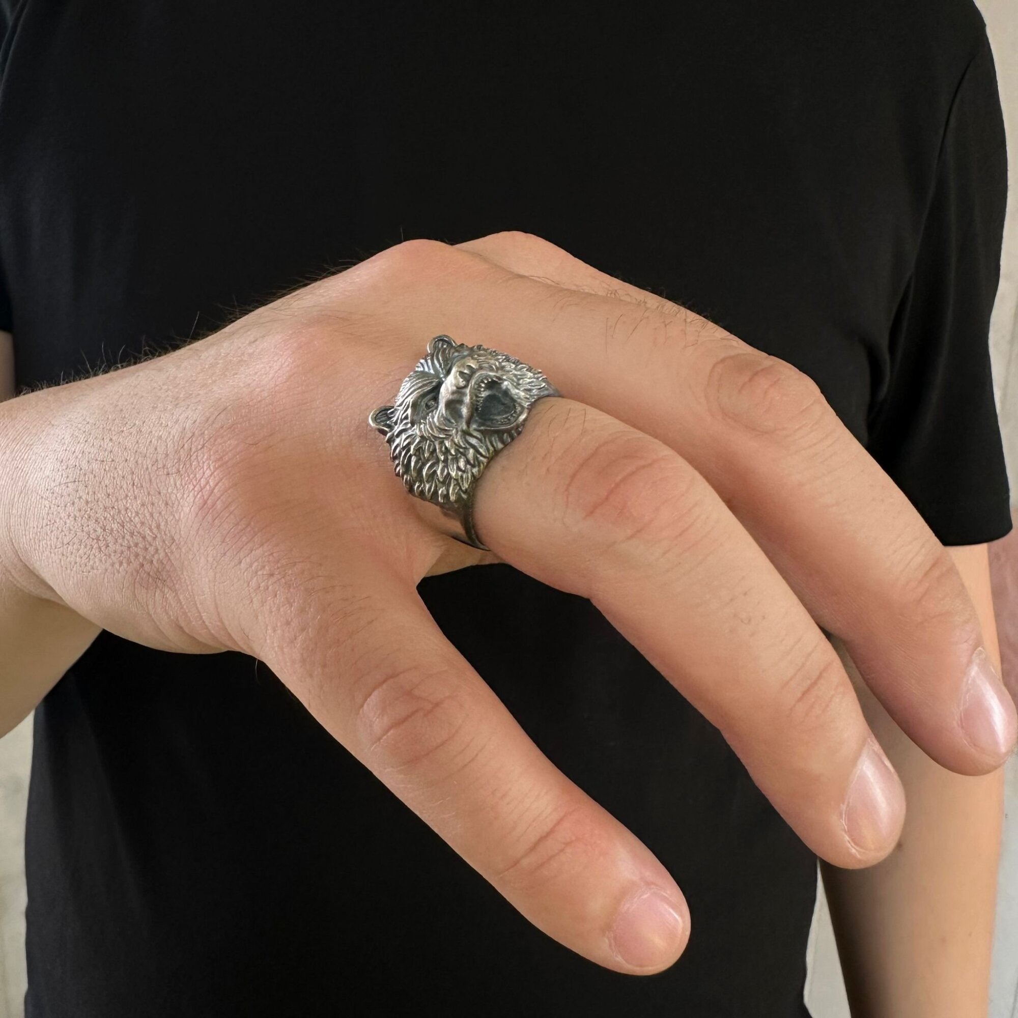 925 Ayar Gümüş 3D Kurt Motifli Eskitme Model Usta İşi Erkek Yüzük - 4