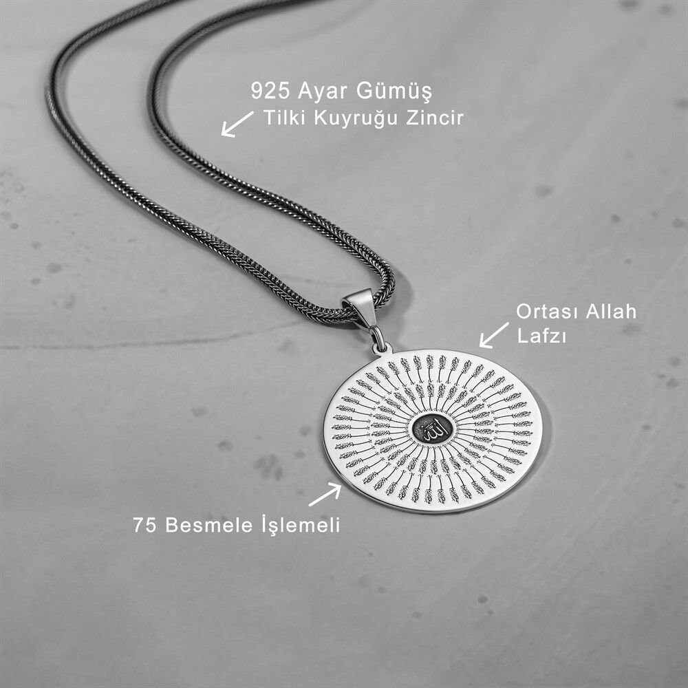925 Ayar Gümüş 75 Besmele İşlemeli Unisex Kolye - 3