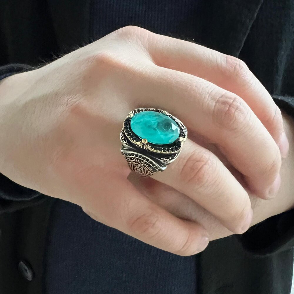 925 Ayar Gümüş Açık Renk Paraiba Taşlı Osmanlı Erkek Yüzük - 2