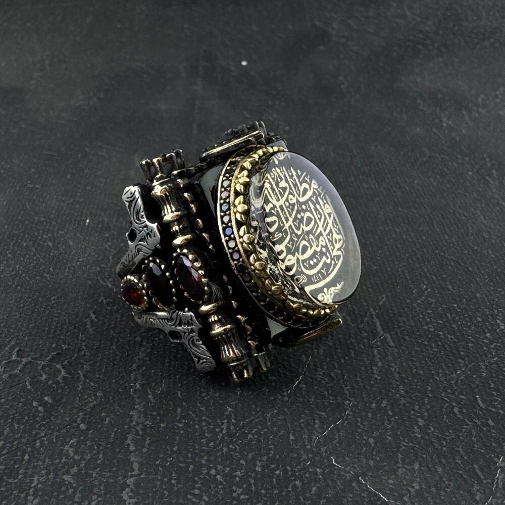 925 Ayar Gümüş Allah Lafzı Dualı Tabanca Motifli Usta İşi Erkek Yüzük