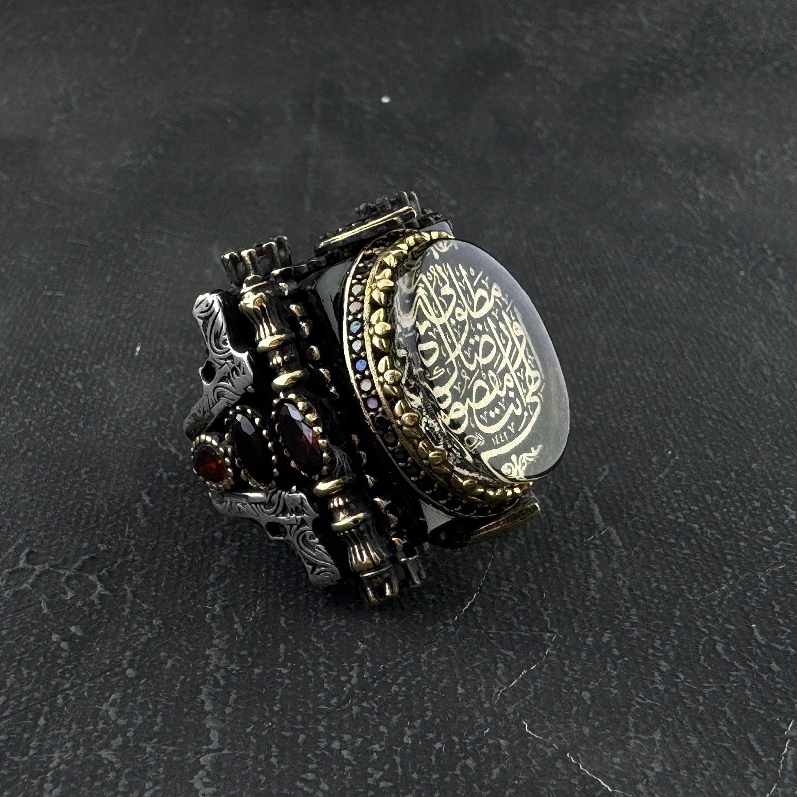 925 Ayar Gümüş Allah Lafzı Dualı Tabanca Motifli Usta İşi Erkek Yüzük - 1