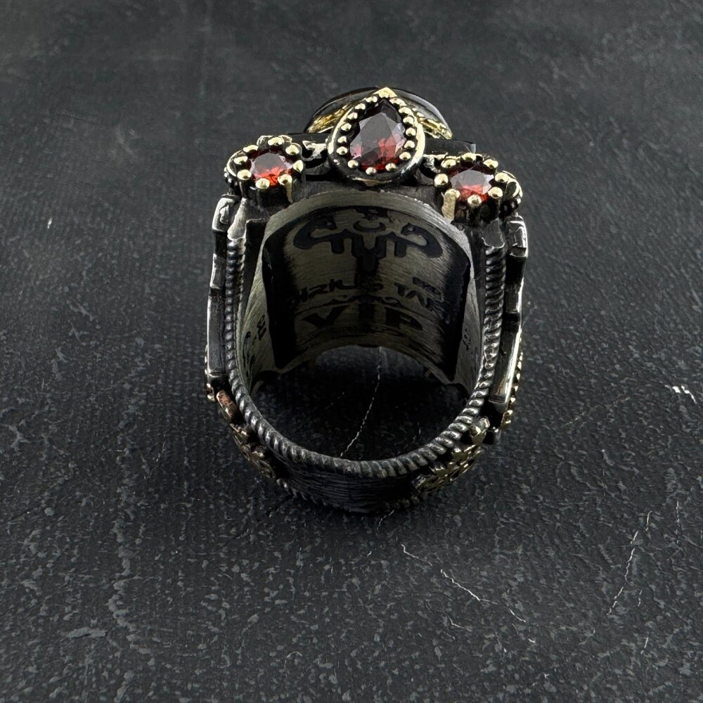 925 Ayar Gümüş Allah Lafzı Dualı Tabanca Motifli Usta İşi Erkek Yüzük - 2