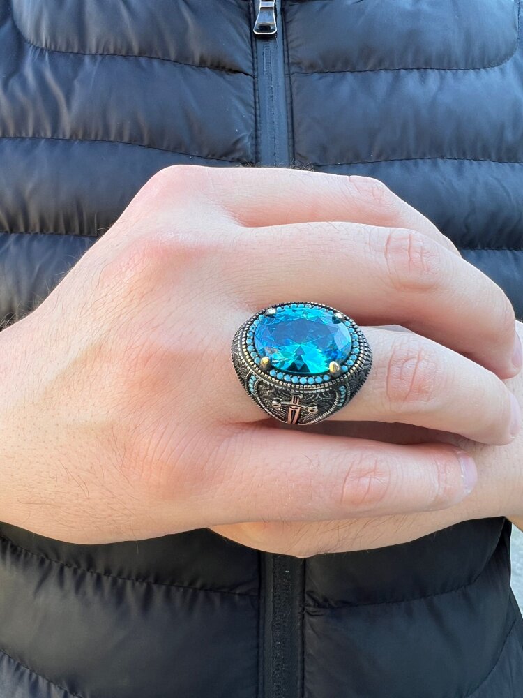 925 Ayar Gümüş Aquamarine Taşlı Mini Turkuaz Taş İşlemeli Yanları Savaşçı Kılıç Modelli Şık Tasarımlı Erkek Yüzük - 2