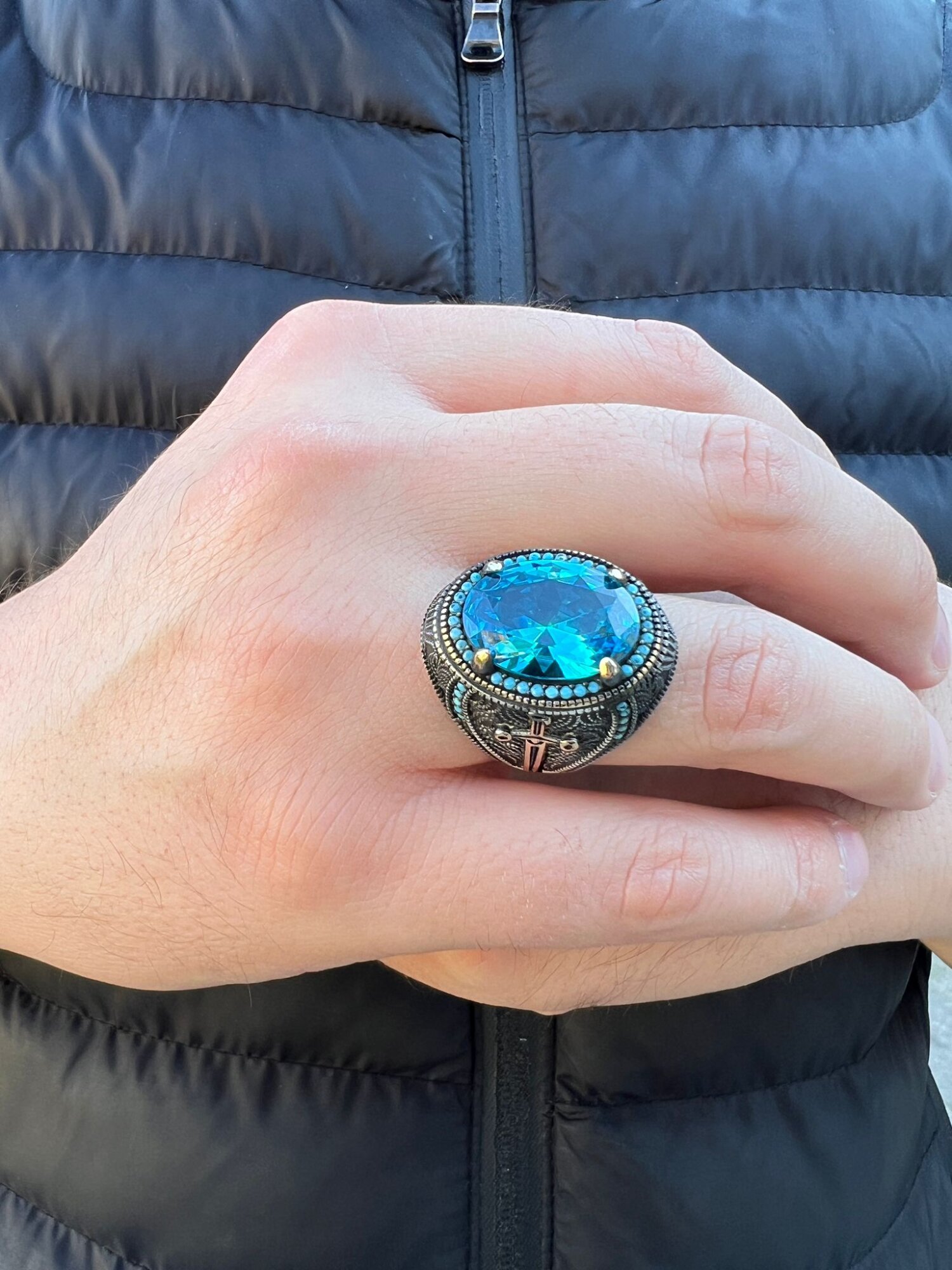 925 Ayar Gümüş Aquamarine Taşlı Mini Turkuaz Taş İşlemeli Yanları Savaşçı Kılıç Modelli Şık Tasarımlı Erkek Yüzük - 2