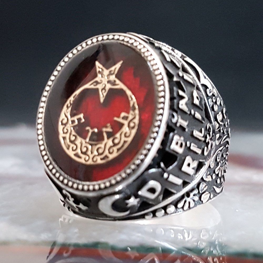 925 Ayar Gümüş Ay Yıldızlı Göktürçe Türk Yazılı Bir Ölür Bin Diriliriz İşlemeli Erkek Yüzük - 2
