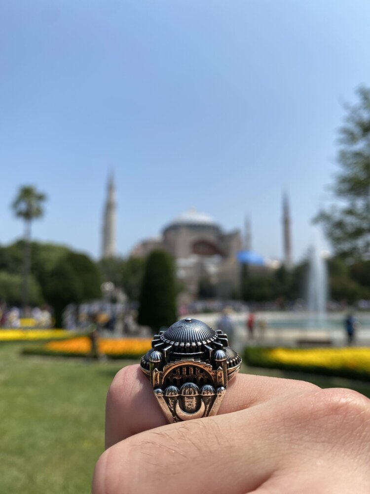 925 Ayar Gümüş Ayasofya Cami Motifli Usta İsi Erkek Yüzük - 4