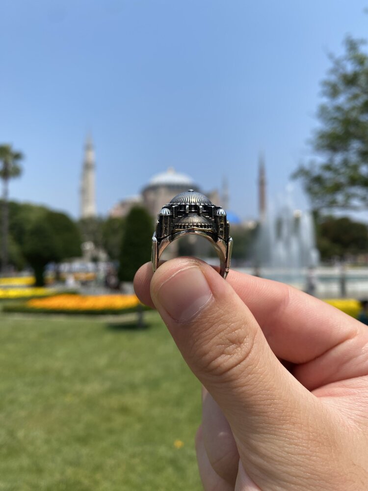 925 Ayar Gümüş Ayasofya Cami Motifli Usta İsi Erkek Yüzük - 5