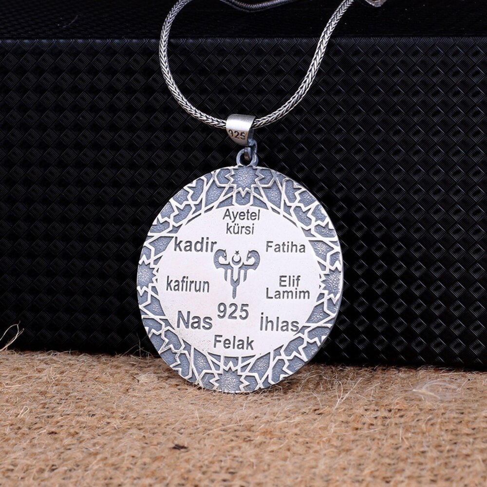 925 Ayar Gümüş Ayetel Kursi Fatiha İhlas Felak Yazılı 8 Dua İşlemeli Erkek Kolye - 2