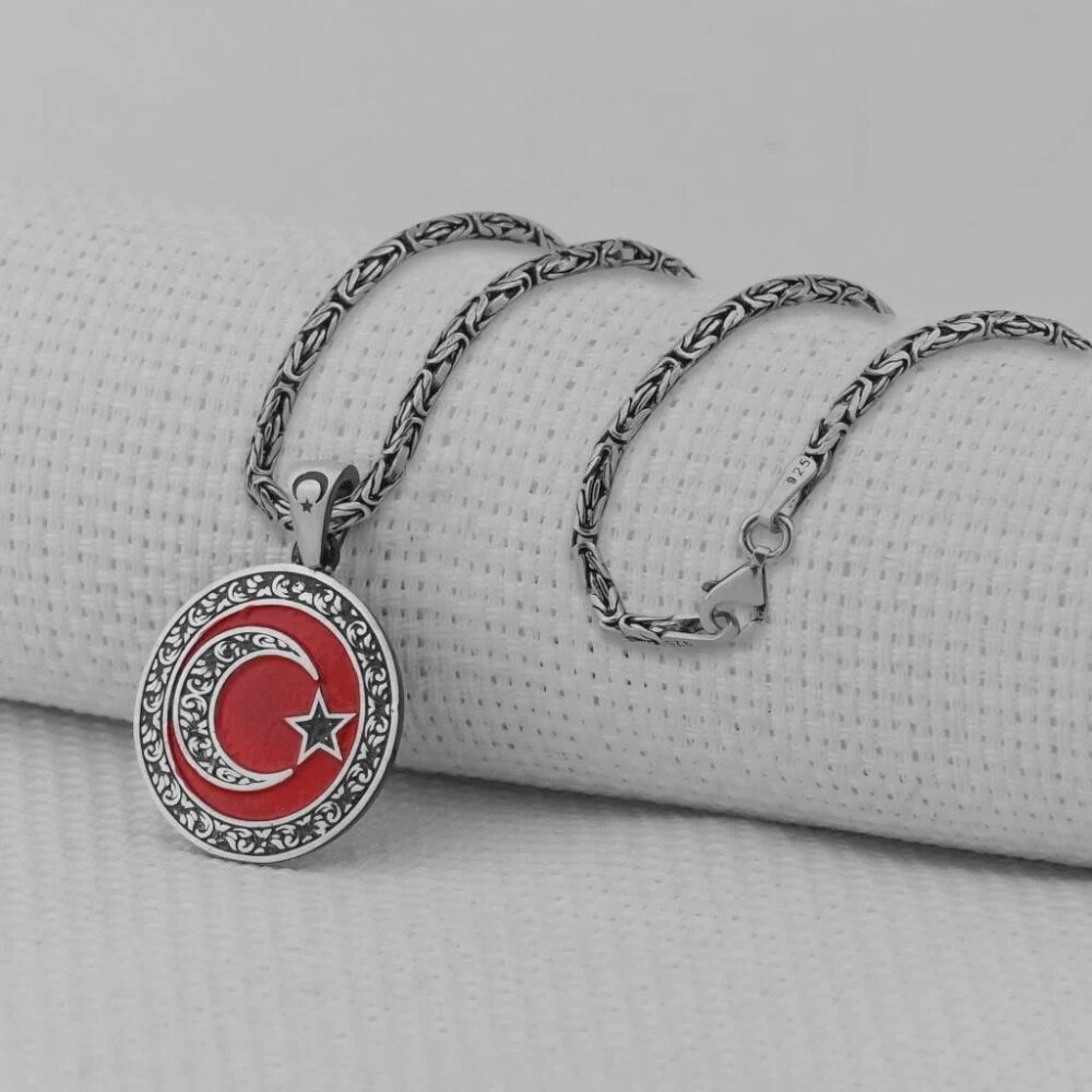925 Ayar Gümüş Ayyıldız Gravür Tasarım Kırmızı Mineli 2 MM Kral Zincirli Erkek Kolye