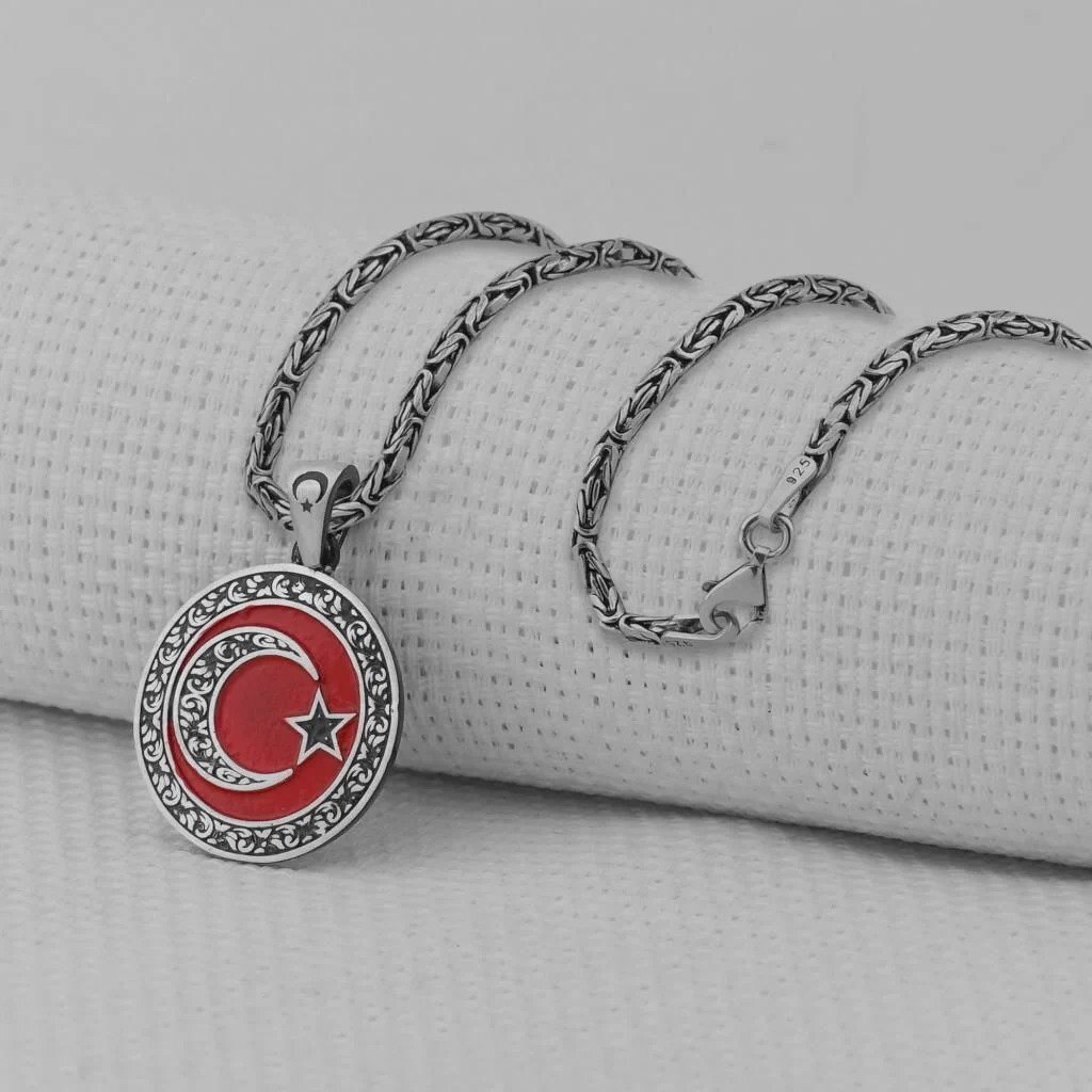 925 Ayar Gümüş Ayyıldız Gravür Tasarım Kırmızı Mineli 2 MM Kral Zincirli Erkek Kolye - 1