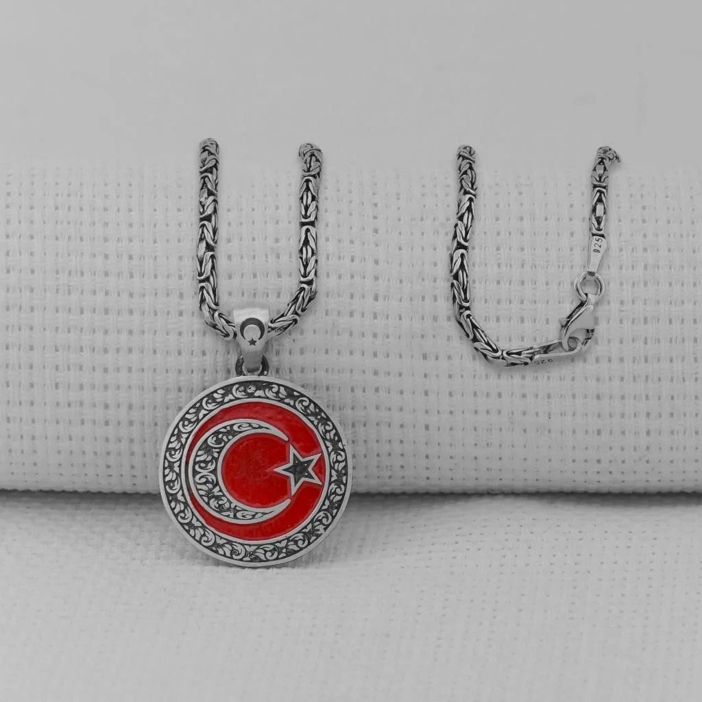 925 Ayar Gümüş Ayyıldız Gravür Tasarım Kırmızı Mineli 2 MM Kral Zincirli Erkek Kolye - 2