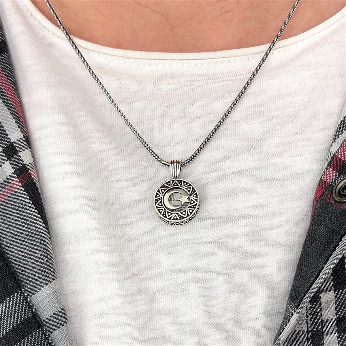 925 Ayar Gümüş Ayyıldız İşlemeli Cevşen Model Unisex Kolye - 5