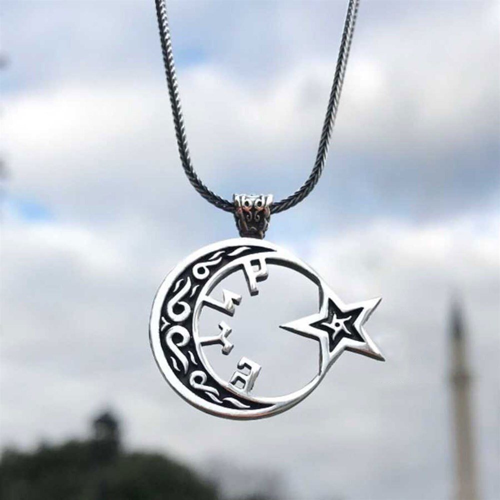 925 Ayar Gümüş Ayyıldız Model İçi Göktürkçe Türk Yazılı Erkek Kolye