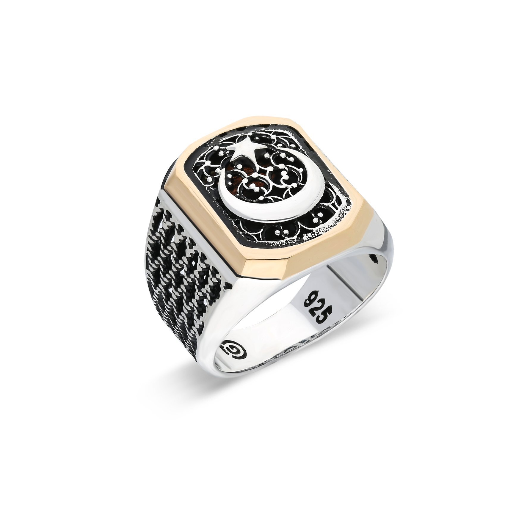 925 Ayar Gümüş Ayyıldız Motifli Telkari Kasa Erkek Yüzük - 3