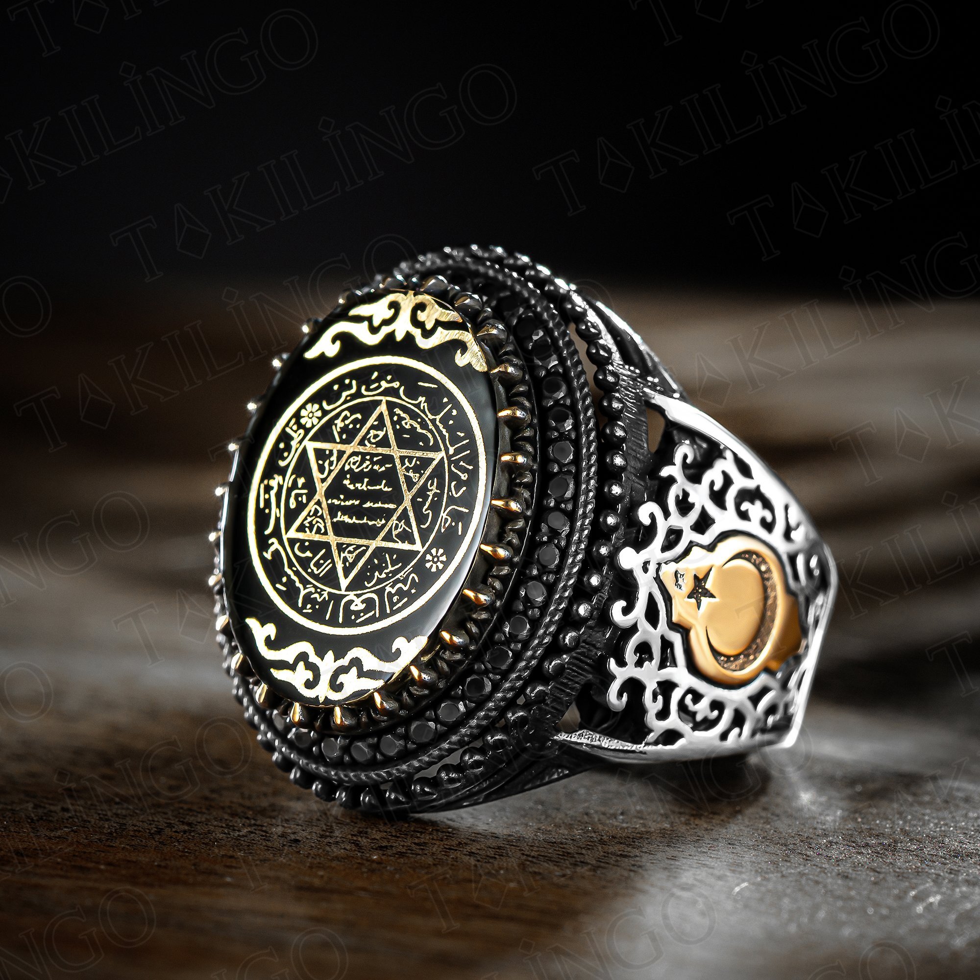 925 Ayar Gümüş Ayyıldız Tuğra İşlemeli Mührü Süleyman Erkek Yüzük - 1