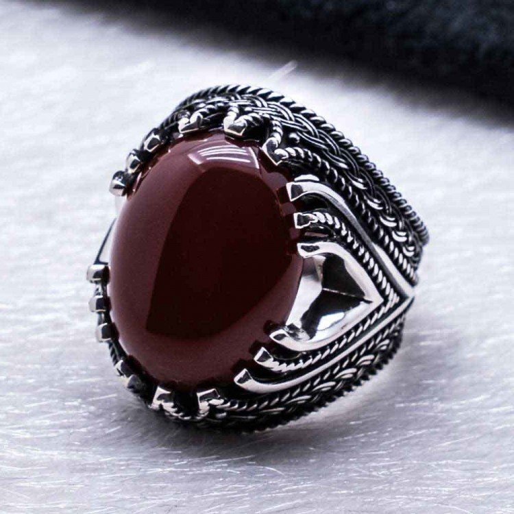 925 Ayar Gümüş Bordo Akik Taşlı Erkek Yüzük - 1