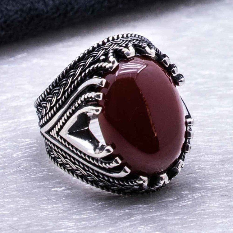 925 Ayar Gümüş Bordo Akik Taşlı Erkek Yüzük - 3