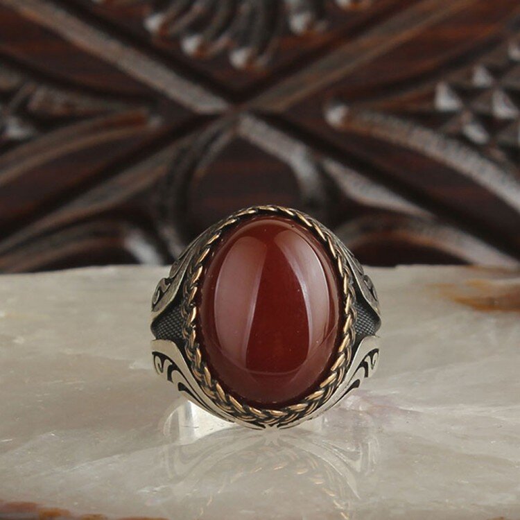 925 Ayar Gümüş Bordo Akik Taşlı Erkek Yüzük - 18