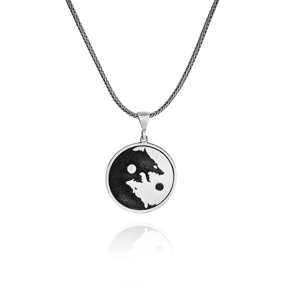 925 Ayar Gümüş Bozkurt Üzeri Yin Yang Motifli Erkek Kolye - 2