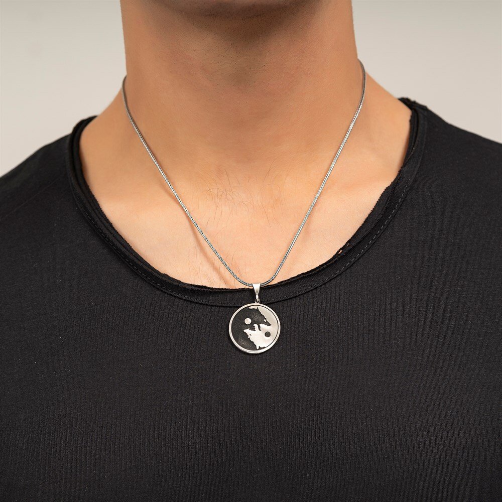 925 Ayar Gümüş Bozkurt Üzeri Yin Yang Motifli Erkek Kolye - 3