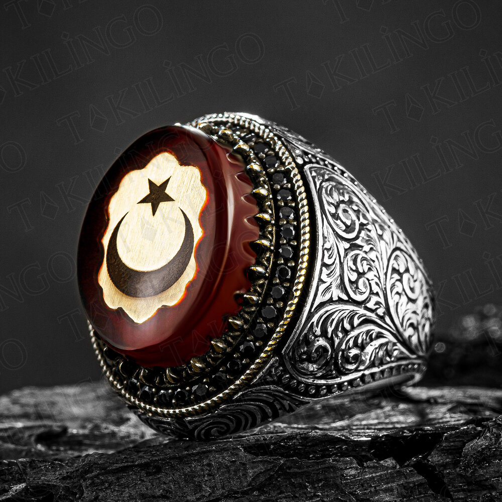 925 Ayar Gümüş Büyük Kasa Kalem İşlemeli Kehribar Taş Üzeri Ayyıldız Motifli Erkek Yüzük