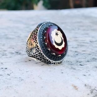 925 Ayar Gümüş Büyük Kasa Kalem İşlemeli Kehribar Taş Üzeri Ayyıldız Motifli Erkek Yüzük - 3