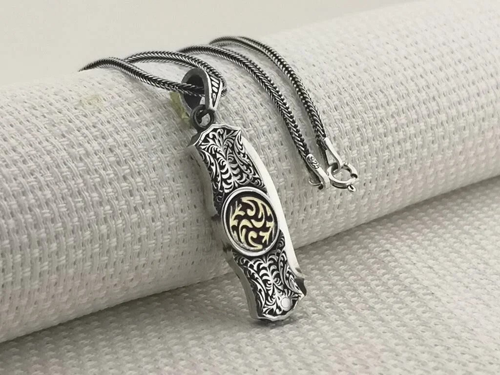 925 Ayar Gümüş Çakı Bıçak Tasarımlı Özel İşlemeli Erkek Kolye - 2