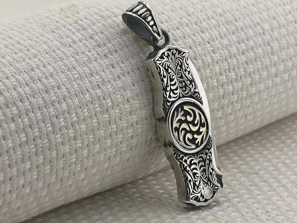 925 Ayar Gümüş Çakı Bıçak Tasarımlı Özel İşlemeli Kolye Ucu - 3