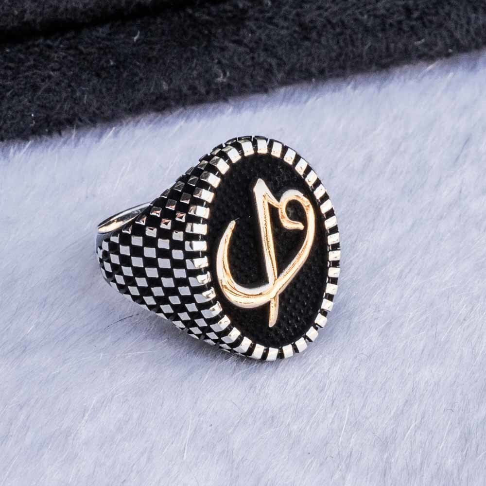 925 Ayar Gümüş Elif Vav Motifli Taşsız Oval Erkek Yüzük - 2