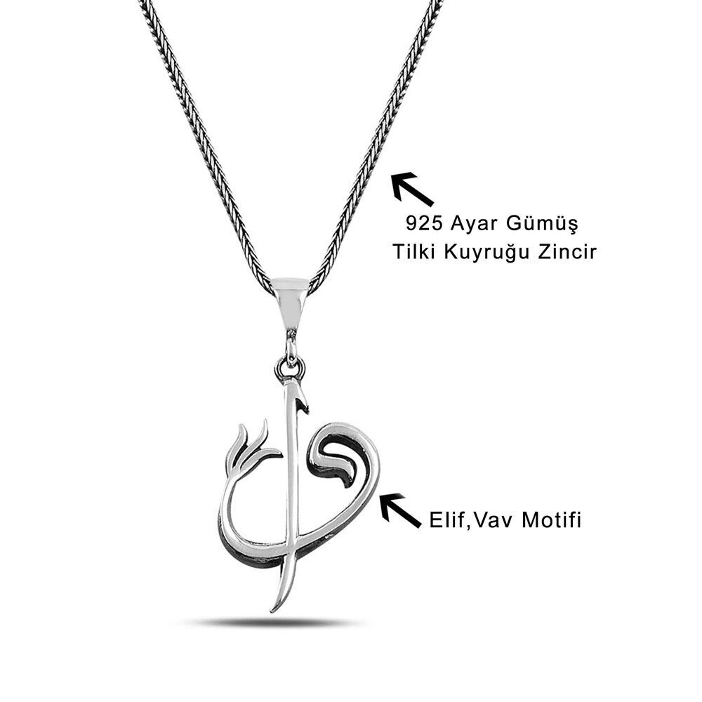 925 Ayar Gümüş Elif Vav Tasarımlı Unisex Kolye - 2