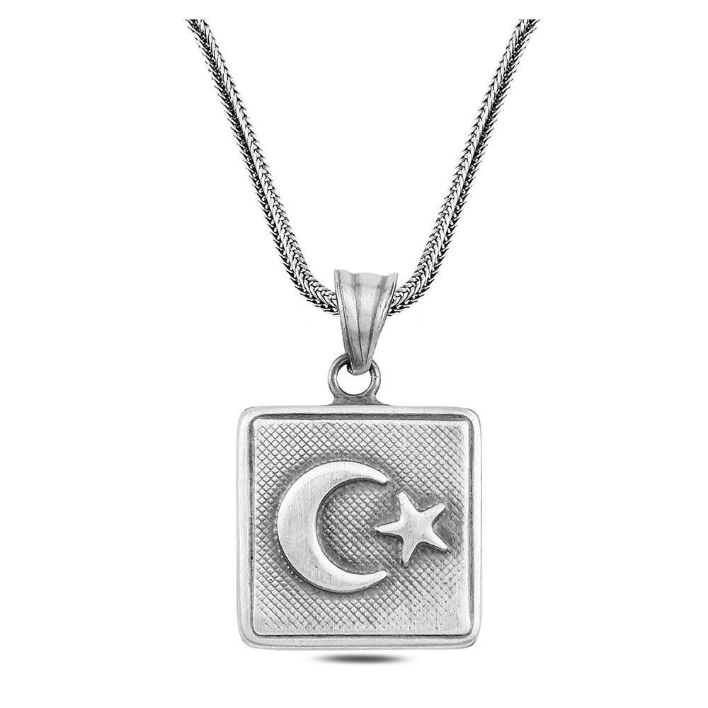 925 Ayar Gümüş Eskitme Ayyıldız İşlemeli Kare Cevşen Model Erkek Kolye