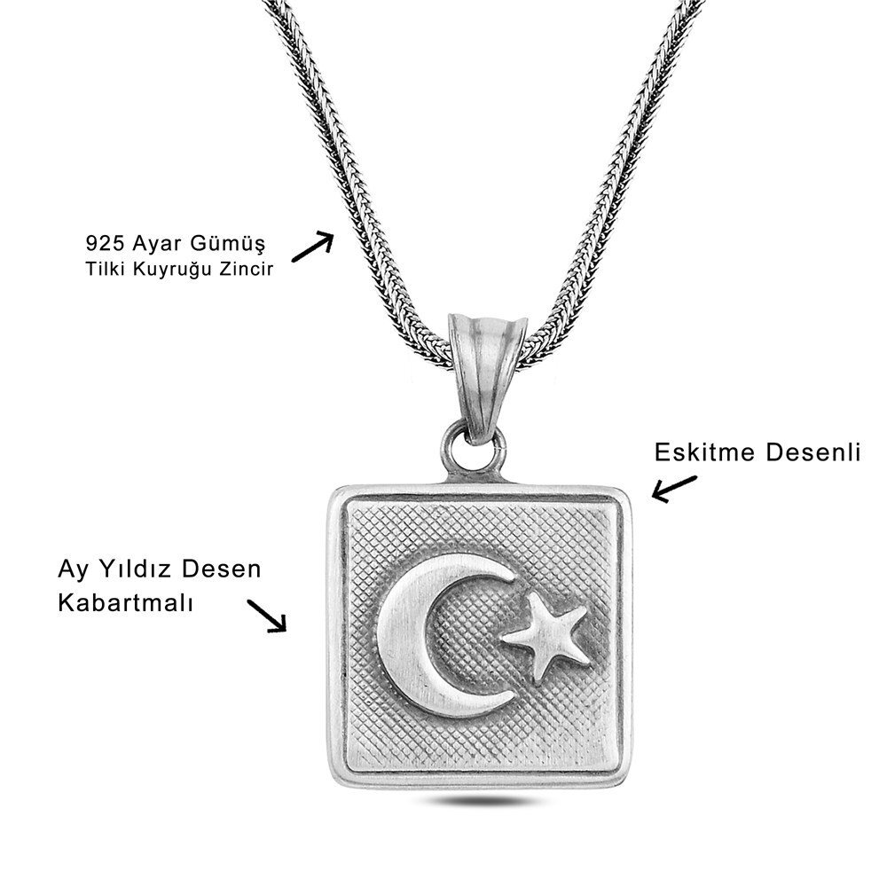 925 Ayar Gümüş Eskitme Ayyıldız İşlemeli Kare Cevşen Model Erkek Kolye - 2