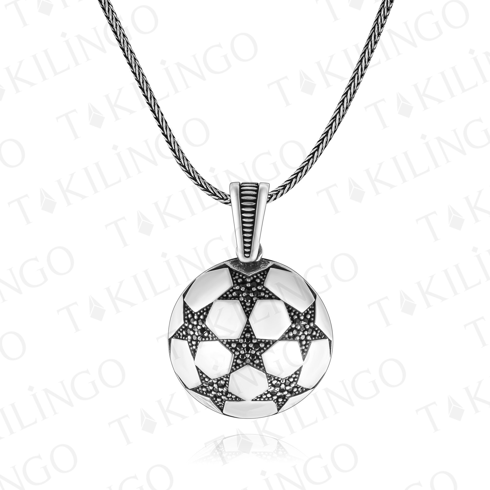 925 Ayar Gümüş Futbol Topu Motifli Zirkon Taşlı Erkek Kolye - 2