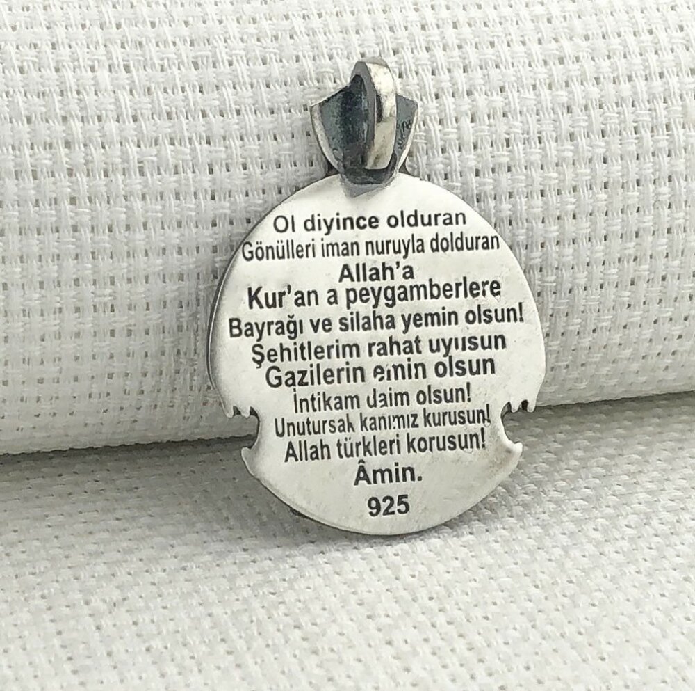 925 Ayar Gümüş Göktürkçe Türk Yazılı Bozkurt Figürlü Kolye Ucu - 2