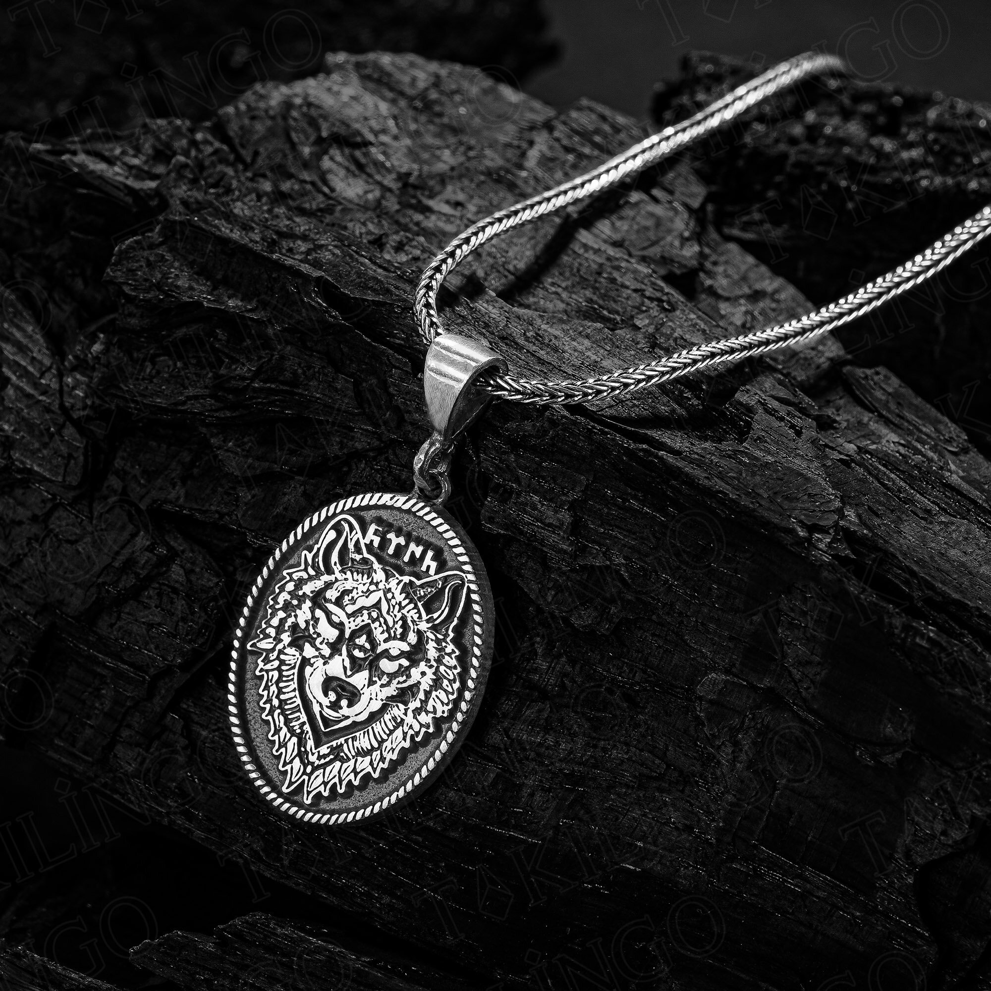 925 Ayar Gümüş Göktürkçe Türk Yazılı Kurt Başlı Doç Zincirli Erkek Kolye - 1