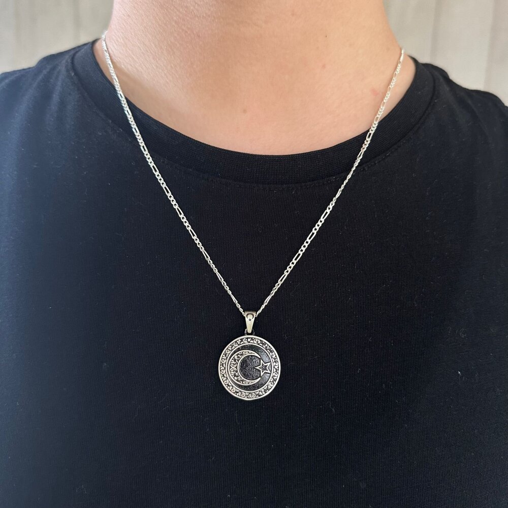 925 Ayar Gümüş Granür İşlemeli Ayyıldız Model Figaro Zincirli Erkek Kolye - 4