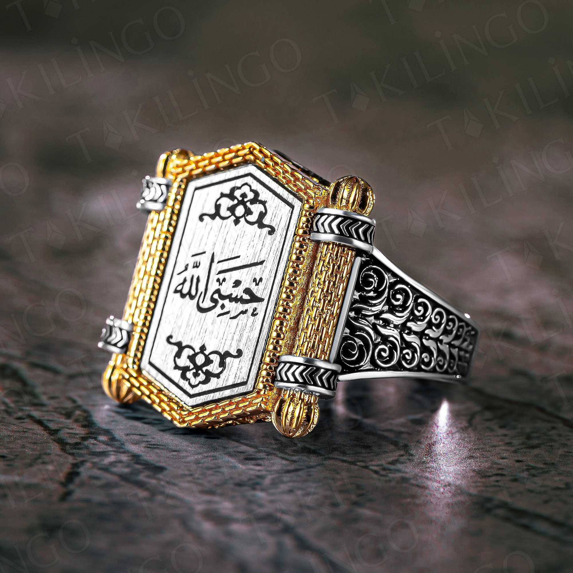 925 Ayar Gümüş Hasbi Allah Yazılı Dualı Taşsız Erkek Yüzük - 1