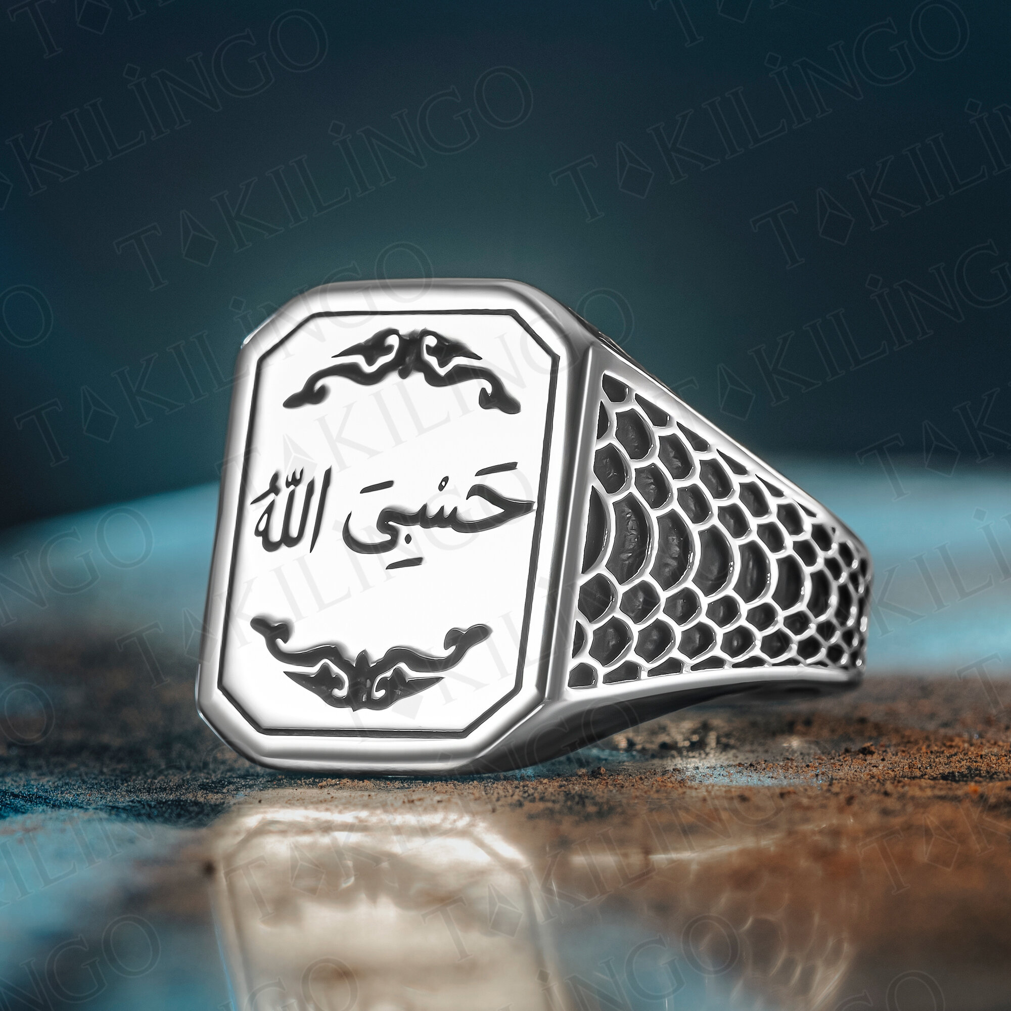 925 Ayar Gümüş Hasbi Allah Yazılı Taşsız Dualı Erkek Yüzük - 1
