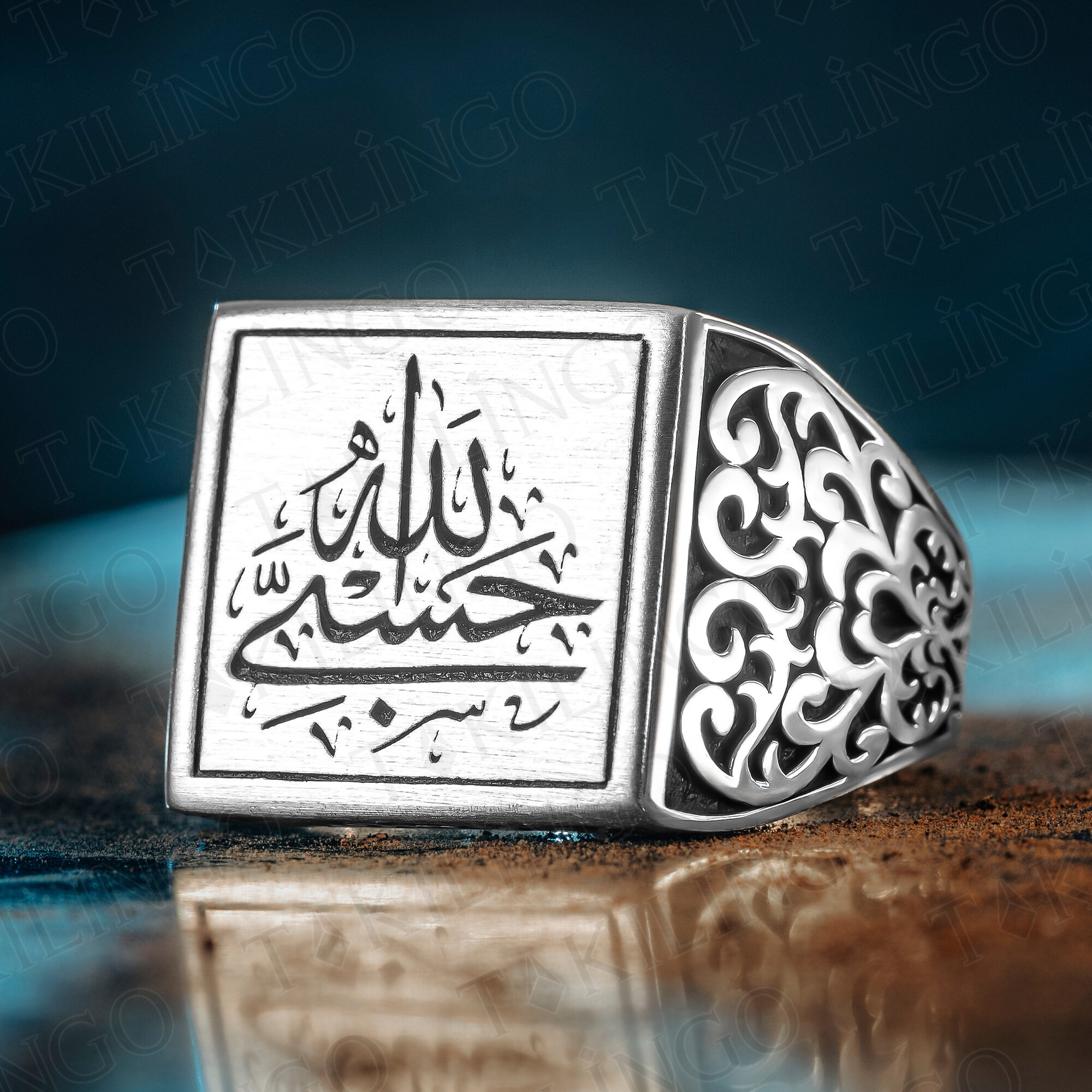 925 Ayar Gümüş Hasbi Allah Yazılı Taşsız Dualı Erkek Yüzük - 1