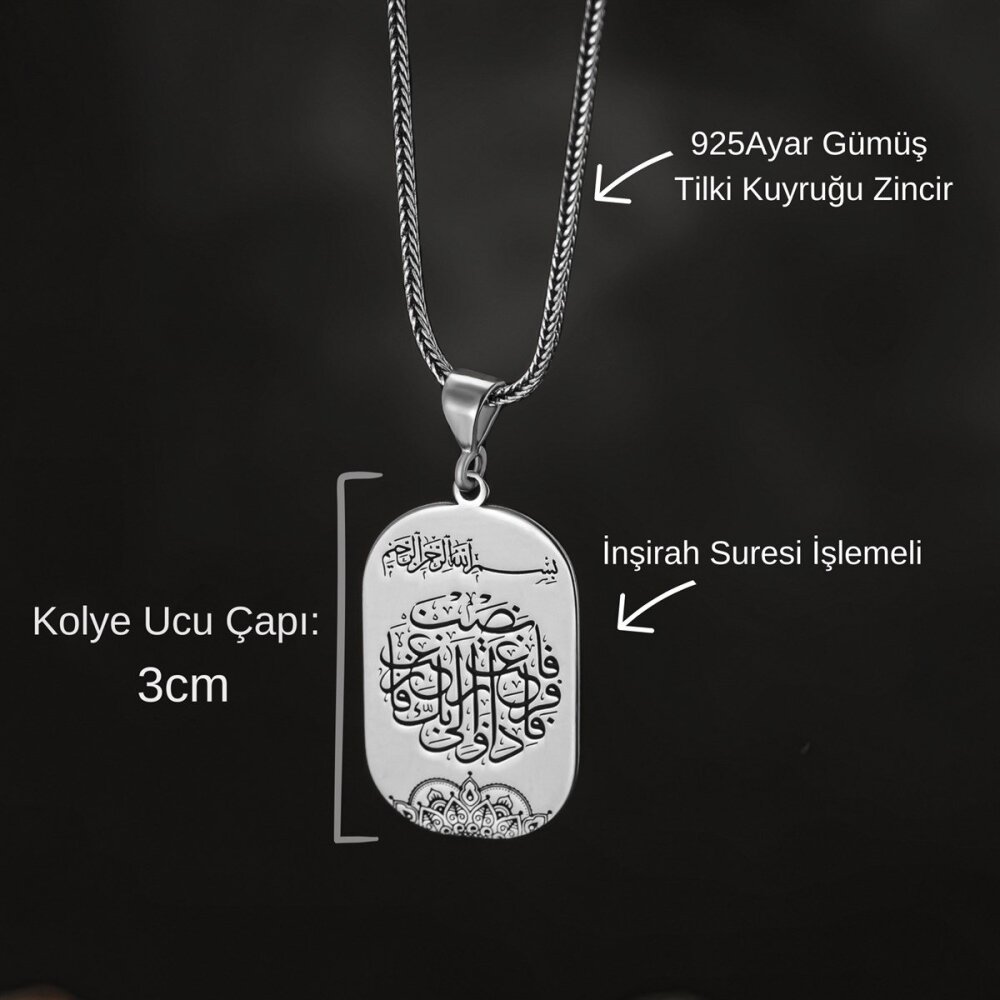 925 Ayar Gümüş İnşirah Suresi İşlemeli Plaka Model Erkek Kolye - 2