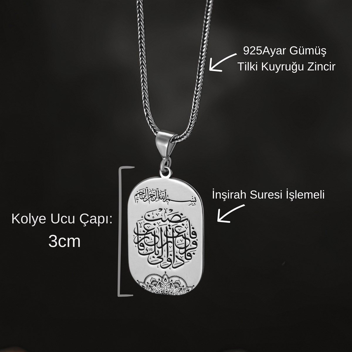 925 Ayar Gümüş İnşirah Suresi İşlemeli Plaka Model Erkek Kolye - 2