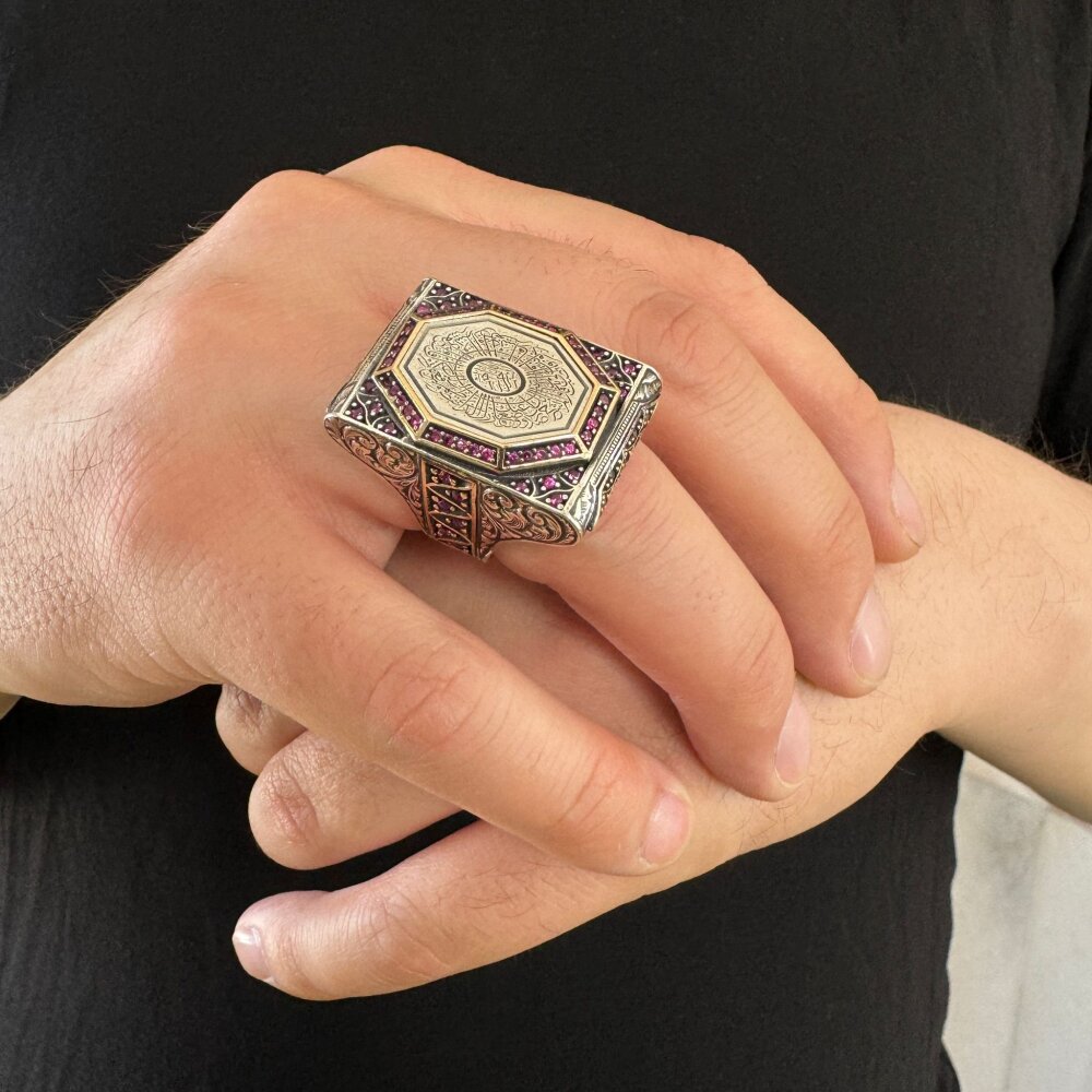 925 Ayar Gümüş İnşirah Suresi Yazılı Dualı Ruby Taşlı Usta İşi Erkek Yüzük - 3