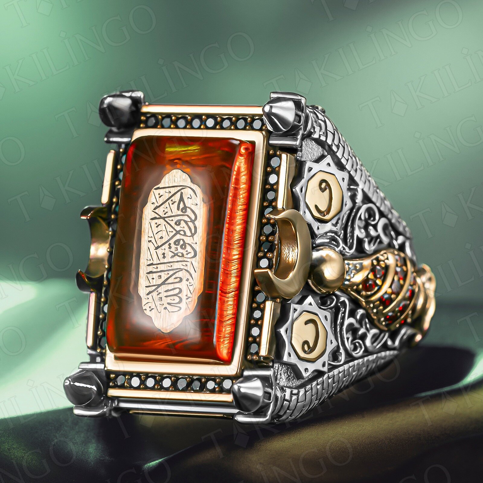 925 Ayar Gümüş İslam Usta Nizam-ı Alem Model Dualı Erkek Yüzük - 1