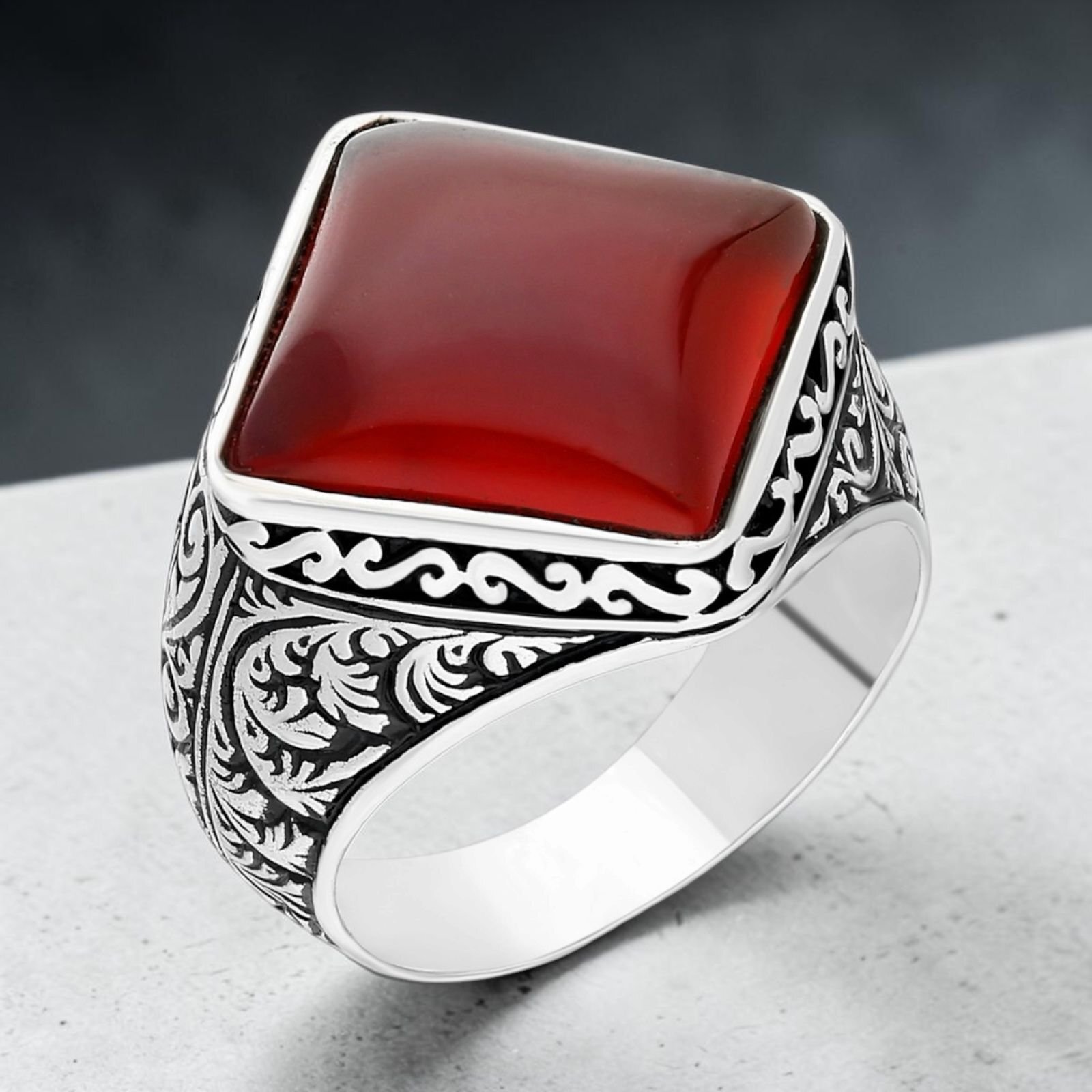925 Ayar Gümüş Kalem İşlemeli Kırmızı Akik Taşlı Erkek Yüzük - 8