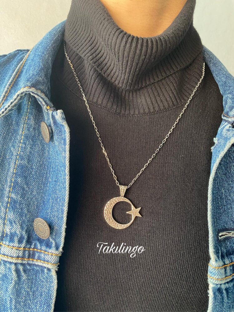 925 Ayar Gümüş Kelime-i Tevhid İşlemeli Ayyıldız Erkek Kolye - 3