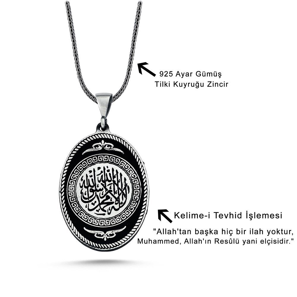 925 Ayar Gümüş Kelime-i Tevhid Yazılı Oval Erkek Kolye - 2