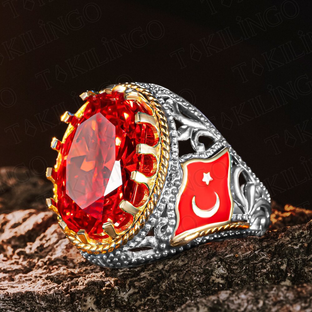 925 Ayar Gümüş Kırmızı Zirkon Taşlı Ayyıldız İşlemeli Erkek Yüzük