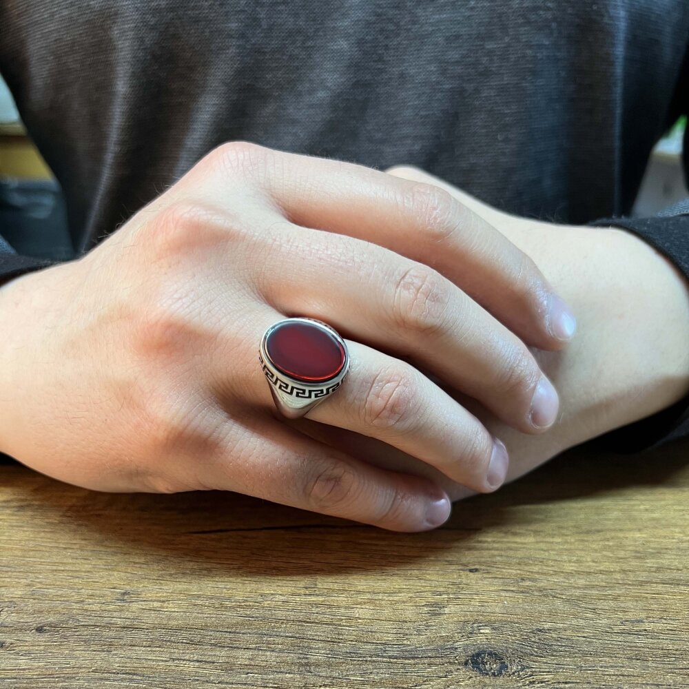 925 Ayar Gümüş Kırmızı Zirkon Taşlı Sade Erkek Yüzük - 2